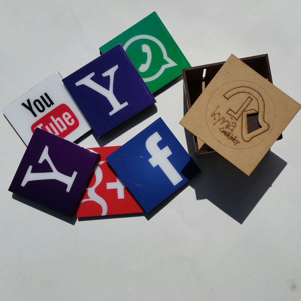 Social Media - Coasters and keepsake box crate SSM002 set of six (6)