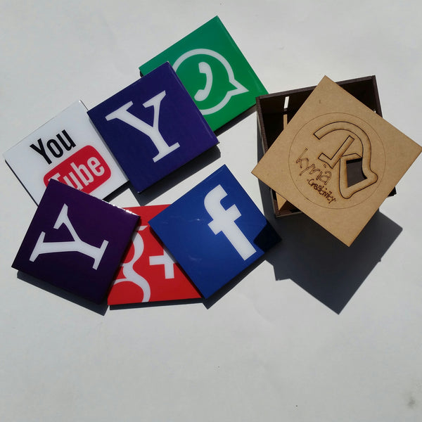 Social Media - Coasters and keepsake box crate SSM002 set of six (6)